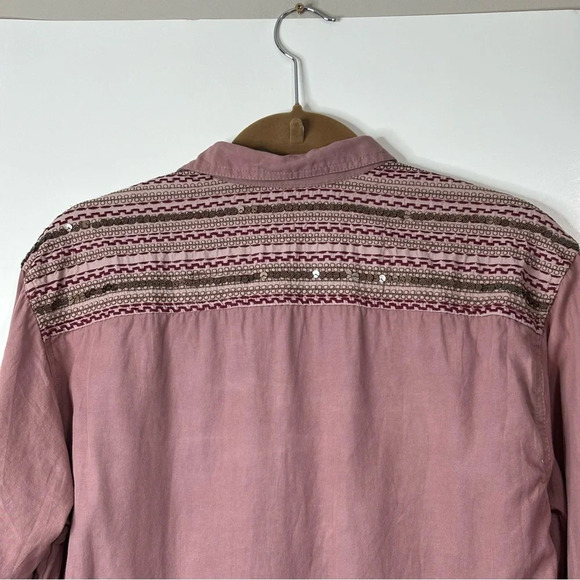 Angie Shirt Women Small Dusty Rose Pink Embroidered Checker Buttons Boho Coastal - Picture 10 of 12